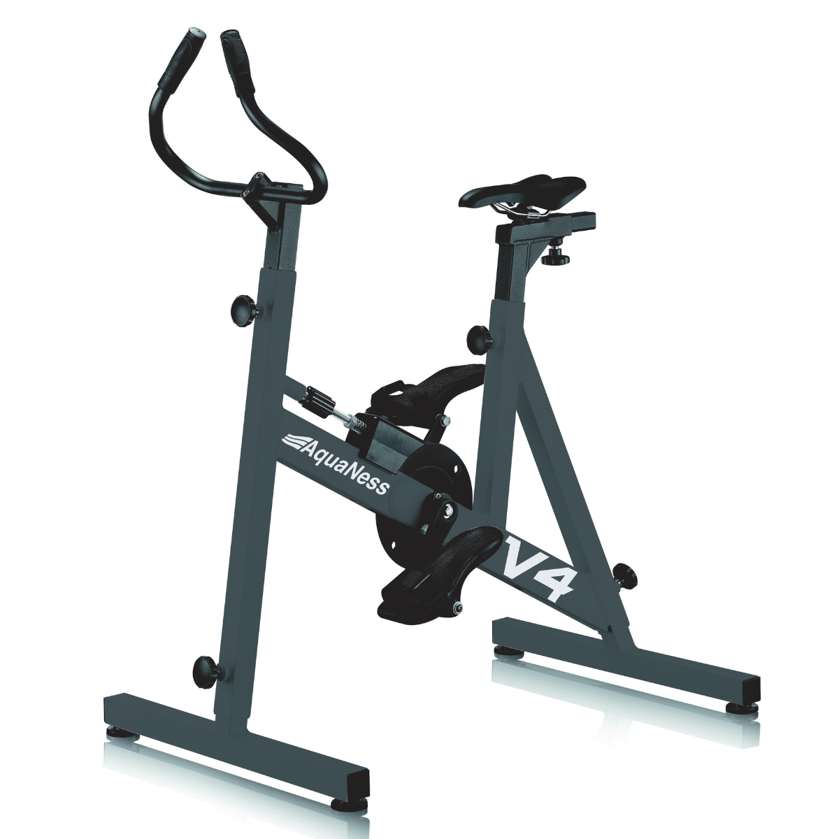 Aquatic exercise bike V4 featuring a corrosion-resistant frame, adjustable saddle, ergonomic handlebars, and secure foot pedals with straps. The water cycling bike is shown in a three-quarter front view on a light gray background and is designed for aquatic fitness, pool workouts, and rehabilitation training.