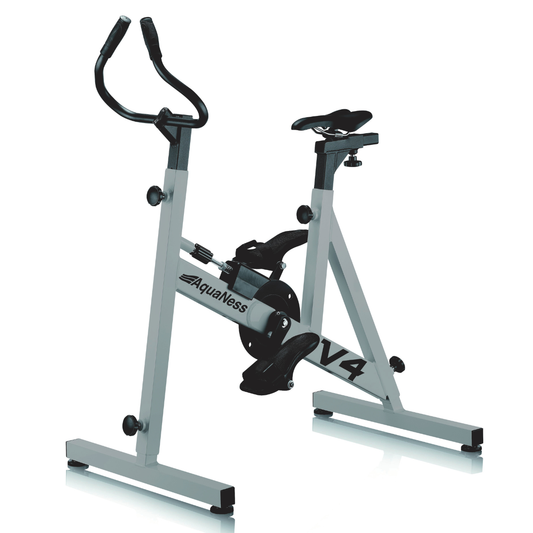 Aquatic exercise bike V4 featuring a corrosion-resistant frame, adjustable saddle, ergonomic handlebars, and secure foot pedals with straps. The water cycling bike is shown in a three-quarter front view on a light gray background and is designed for aquatic fitness, pool workouts, and rehabilitation training.