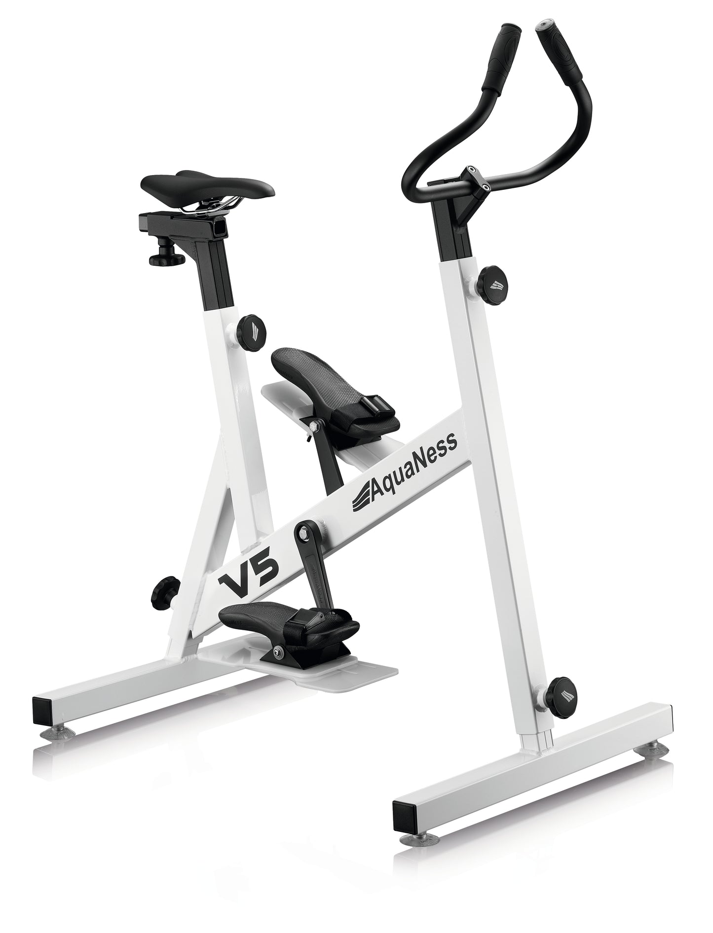 AquaNess V5 aquatic exercise bike featuring a white corrosion-resistant frame with black adjustable saddle, ergonomic handlebars, and foot straps. The water fitness bike is shown in a three-quarter view on a light gray background, designed for use in swimming pools and aquatic rehabilitation workouts.