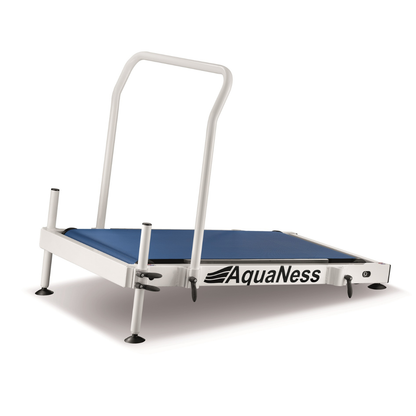 Aquatec Aquatic Treadmill featuring a pool-ready design with a durable walking surface and support handrail for stability during use. Designed for underwater walking, jogging, and rehabilitation exercises, this aquatic treadmill promotes low-impact cardiovascular conditioning, mobility improvement, balance training, and recovery-focused fitness programs.