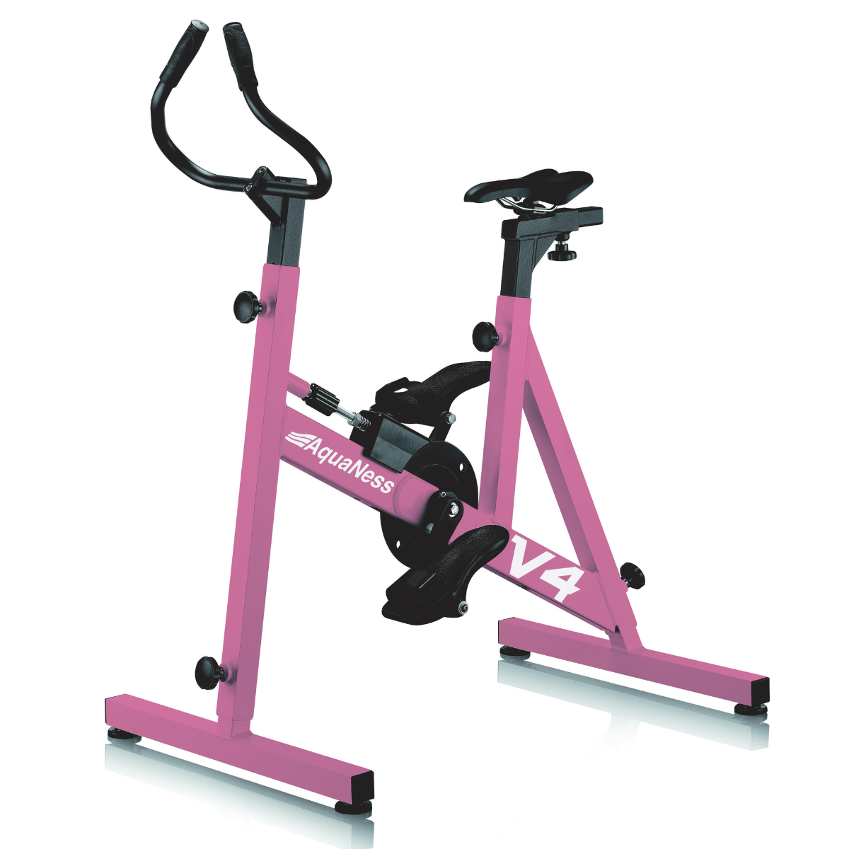 Aquatic exercise bike V4 featuring a corrosion-resistant frame, adjustable saddle, ergonomic handlebars, and secure foot pedals with straps. The water cycling bike is shown in a three-quarter front view on a light gray background and is designed for aquatic fitness, pool workouts, and rehabilitation training.
