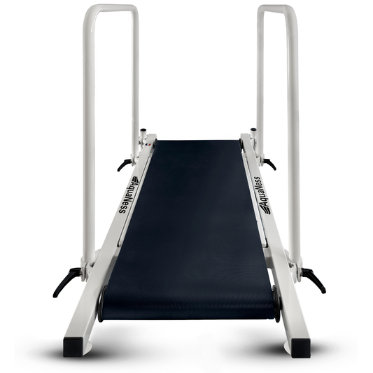 Aquatec Aquatic Treadmill featuring a pool-ready design with a durable walking surface and support handrail for stability during use. Designed for underwater walking, jogging, and rehabilitation exercises, this aquatic treadmill promotes low-impact cardiovascular conditioning, mobility improvement, balance training, and recovery-focused fitness programs.