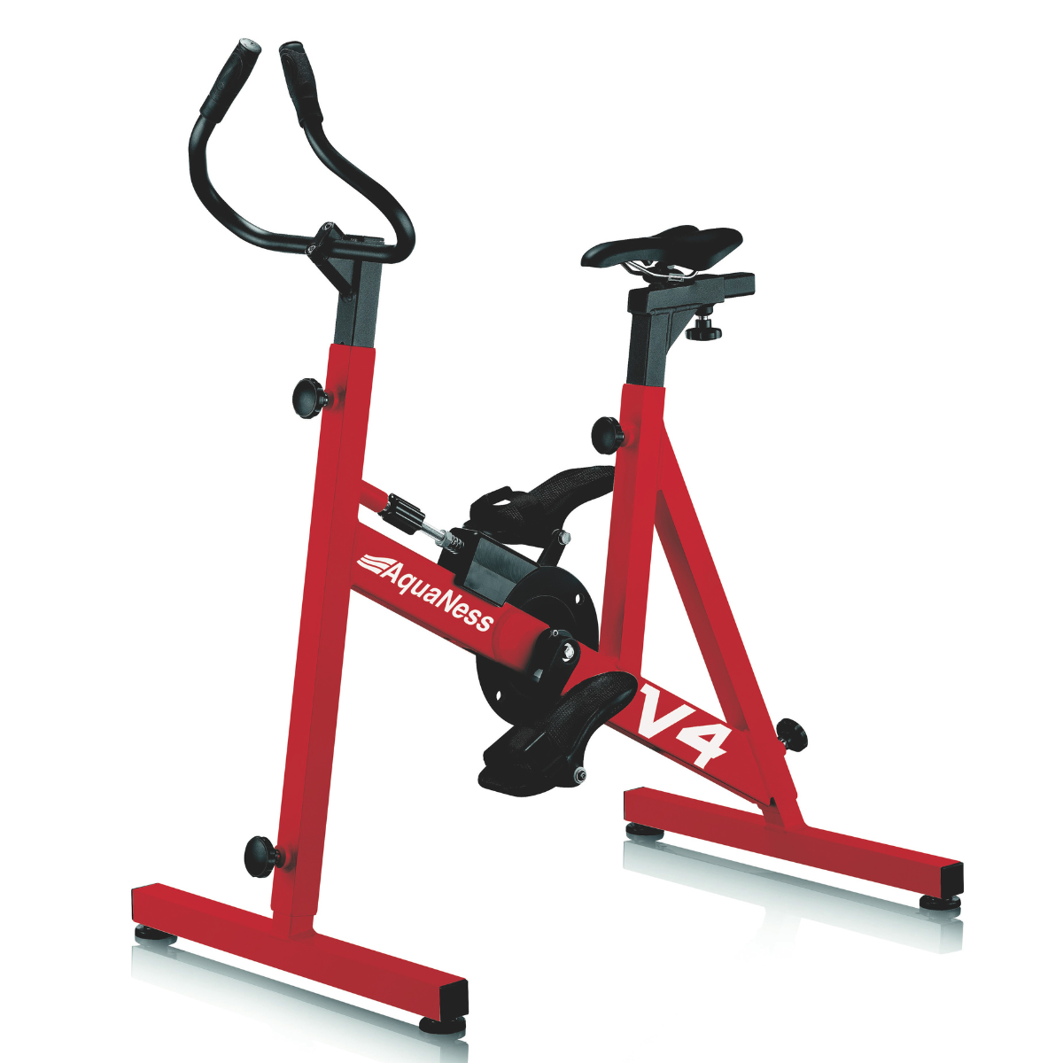 Aquatic exercise bike V4 featuring a corrosion-resistant frame, adjustable saddle, ergonomic handlebars, and secure foot pedals with straps. The water cycling bike is shown in a three-quarter front view on a light gray background and is designed for aquatic fitness, pool workouts, and rehabilitation training.
