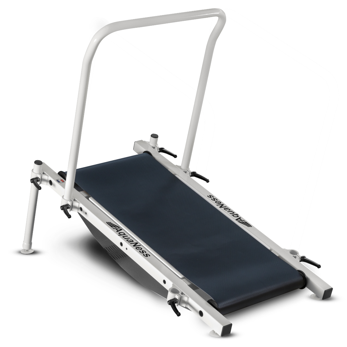 Aquatec Aquatic Treadmill featuring a pool-ready design with a durable walking surface and support handrail for stability during use. Designed for underwater walking, jogging, and rehabilitation exercises, this aquatic treadmill promotes low-impact cardiovascular conditioning, mobility improvement, balance training, and recovery-focused fitness programs.