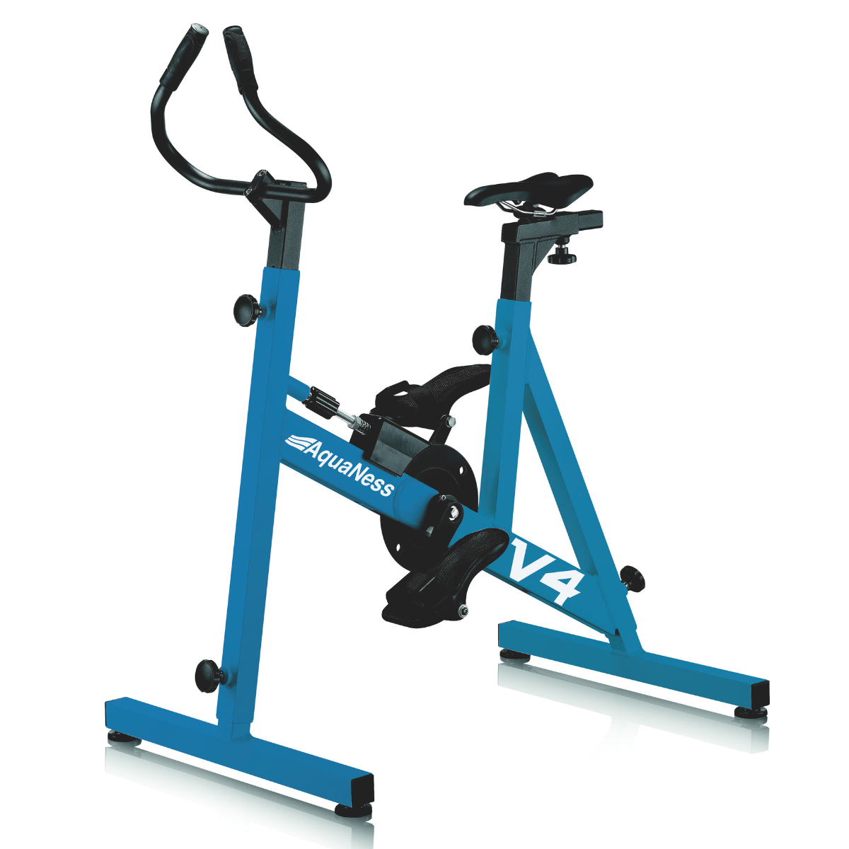 Aquatic exercise bike V4 featuring a corrosion-resistant frame, adjustable saddle, ergonomic handlebars, and secure foot pedals with straps. The water cycling bike is shown in a three-quarter front view on a light gray background and is designed for aquatic fitness, pool workouts, and rehabilitation training.
