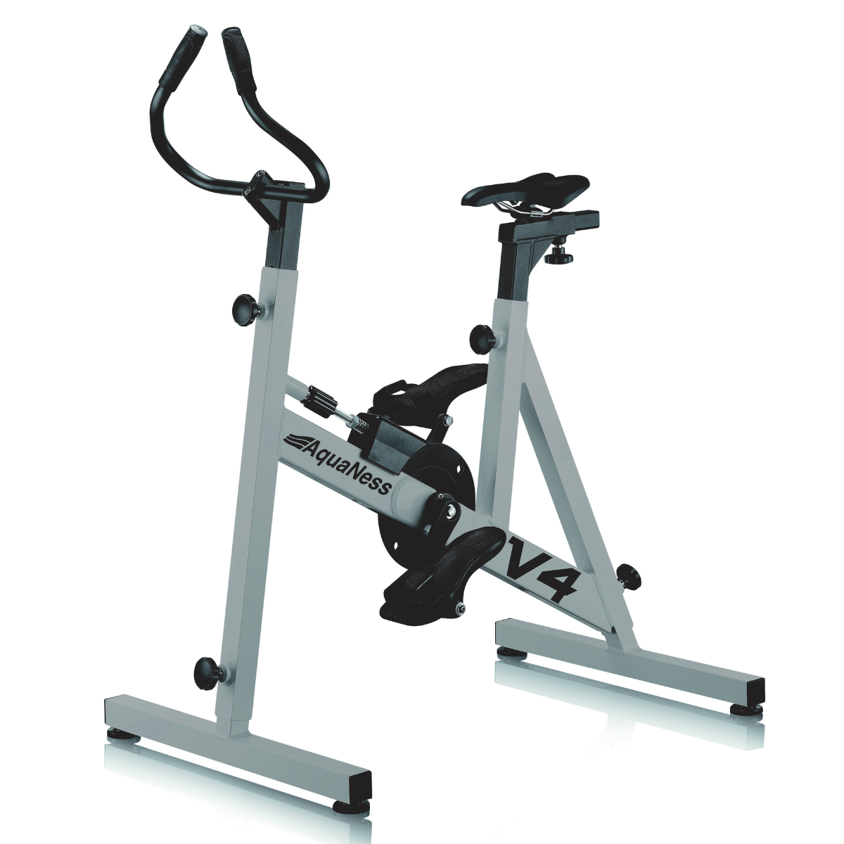Aquatic exercise bike V4 featuring a corrosion-resistant frame, adjustable saddle, ergonomic handlebars, and secure foot pedals with straps. The water cycling bike is shown in a three-quarter front view on a light gray background and is designed for aquatic fitness, pool workouts, and rehabilitation training.
