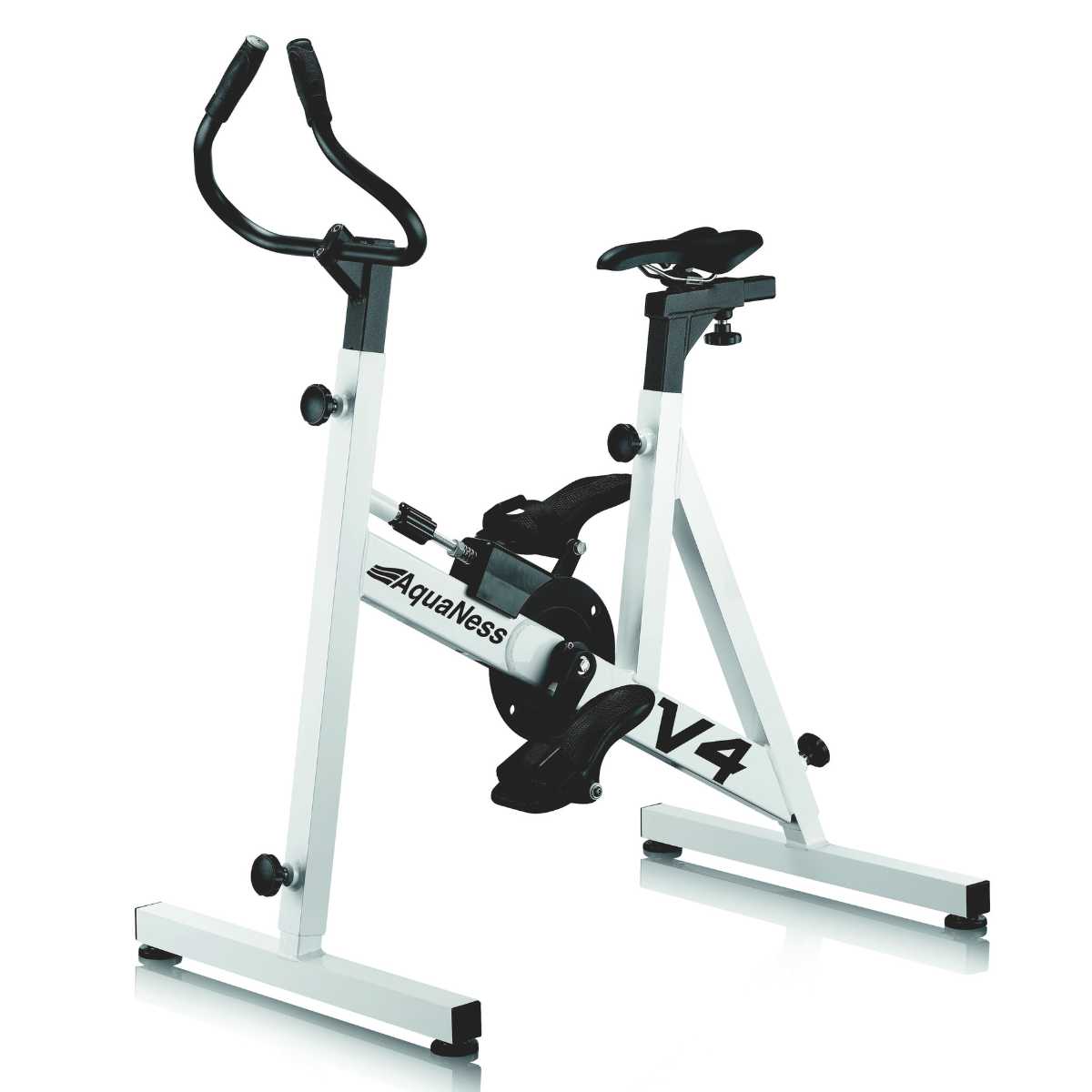 Aquatic exercise bike V4 featuring a corrosion-resistant frame, adjustable saddle, ergonomic handlebars, and secure foot pedals with straps. The water cycling bike is shown in a three-quarter front view on a light gray background and is designed for aquatic fitness, pool workouts, and rehabilitation training.
