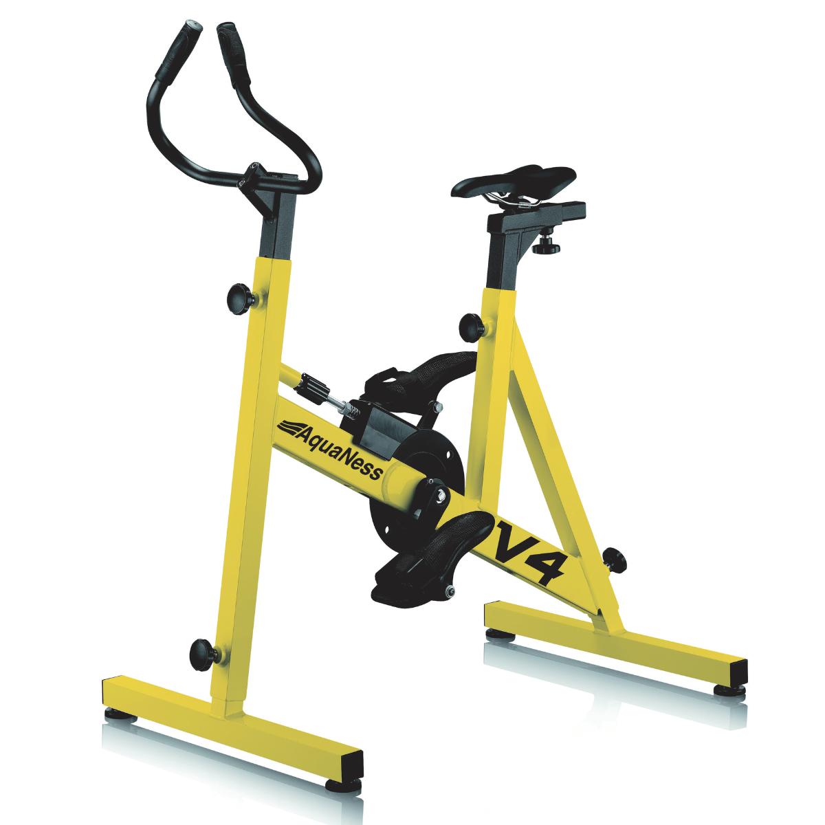 Aquatic exercise bike V4 featuring a corrosion-resistant frame, adjustable saddle, ergonomic handlebars, and secure foot pedals with straps. The water cycling bike is shown in a three-quarter front view on a light gray background and is designed for aquatic fitness, pool workouts, and rehabilitation training.
