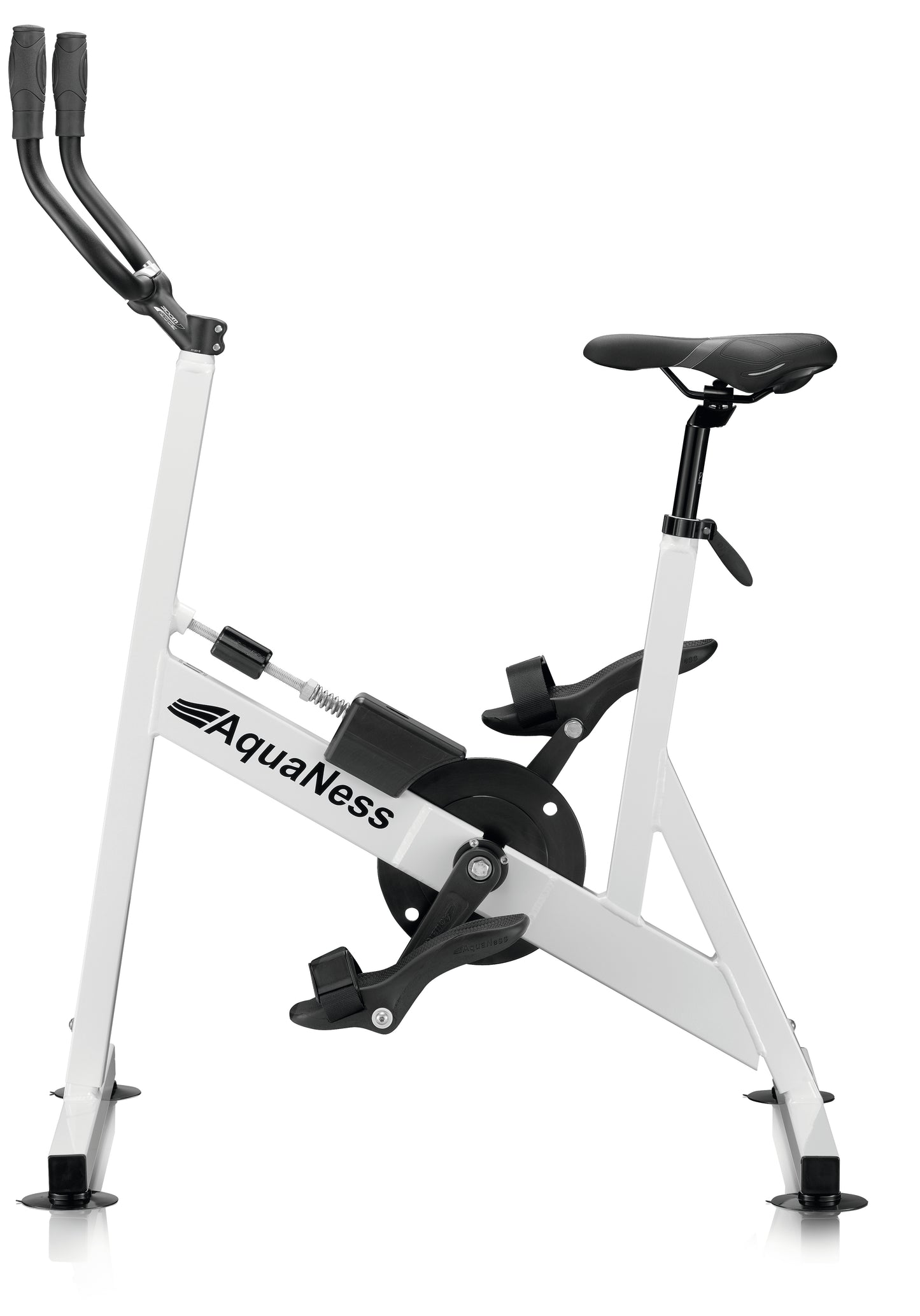 AquaNess V2 The Active aquatic exercise bike featuring a corrosion-resistant frame, adjustable saddle, ergonomic handlebars, and secure foot pedals with straps. The water cycling bike is shown in a studio setting and is designed for aquatic fitness, pool workouts, rehabilitation, and low-impact cardiovascular training.