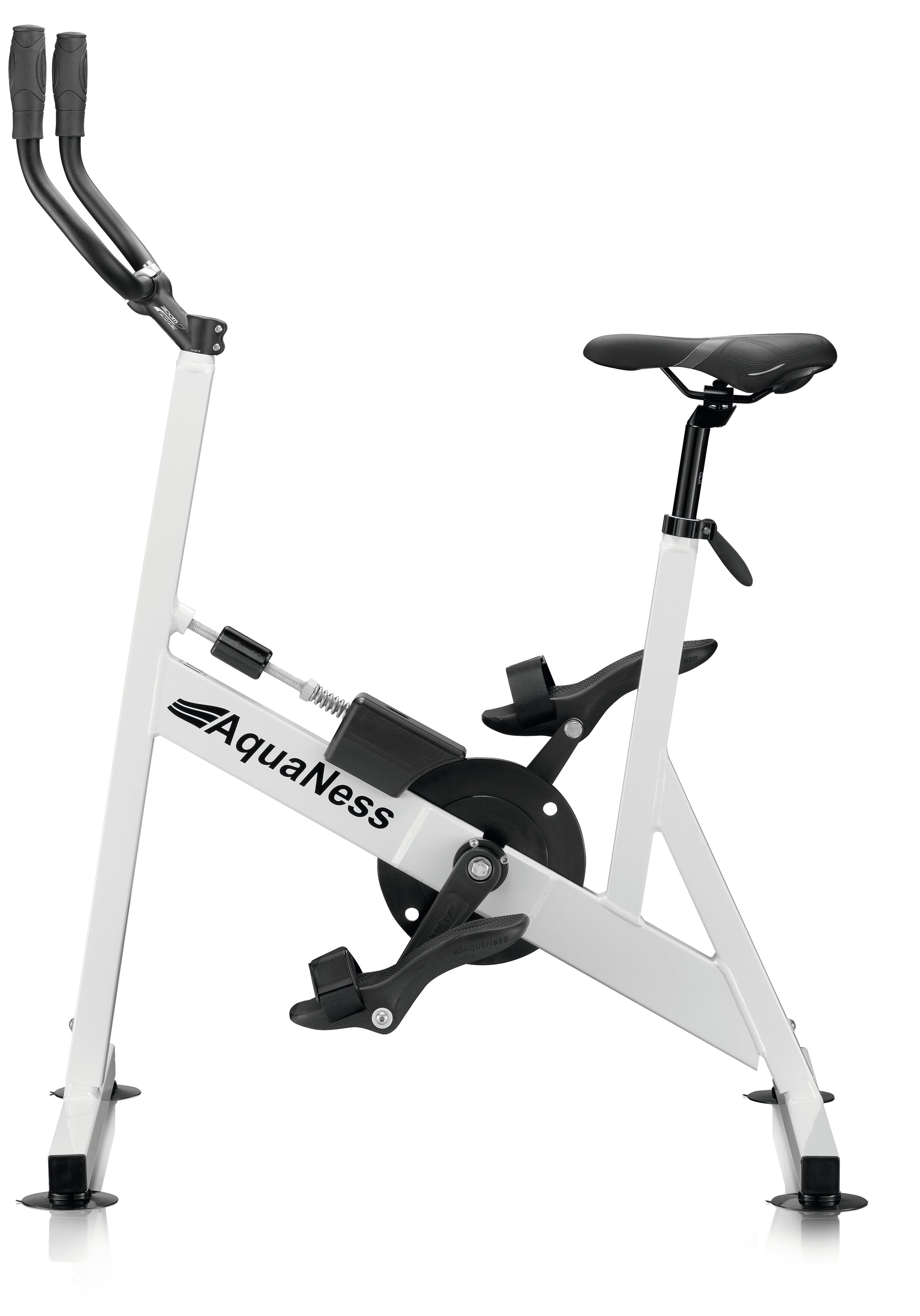 AquaNess V2 The Active aquatic exercise bike featuring a corrosion-resistant frame, adjustable saddle, ergonomic handlebars, and secure foot pedals with straps. The water cycling bike is shown in a studio setting and is designed for aquatic fitness, pool workouts, rehabilitation, and low-impact cardiovascular training.