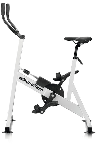 AquaNess V2 The Active aquatic exercise bike featuring a corrosion-resistant frame, adjustable saddle, ergonomic handlebars, and secure foot pedals with straps. The water cycling bike is shown in a studio setting and is designed for aquatic fitness, pool workouts, rehabilitation, and low-impact cardiovascular training.