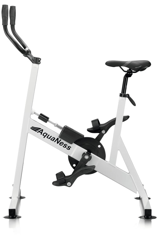 AquaNess V2 The Active aquatic exercise bike featuring a corrosion-resistant frame, adjustable saddle, ergonomic handlebars, and secure foot pedals with straps. The water cycling bike is shown in a studio setting and is designed for aquatic fitness, pool workouts, rehabilitation, and low-impact cardiovascular training.