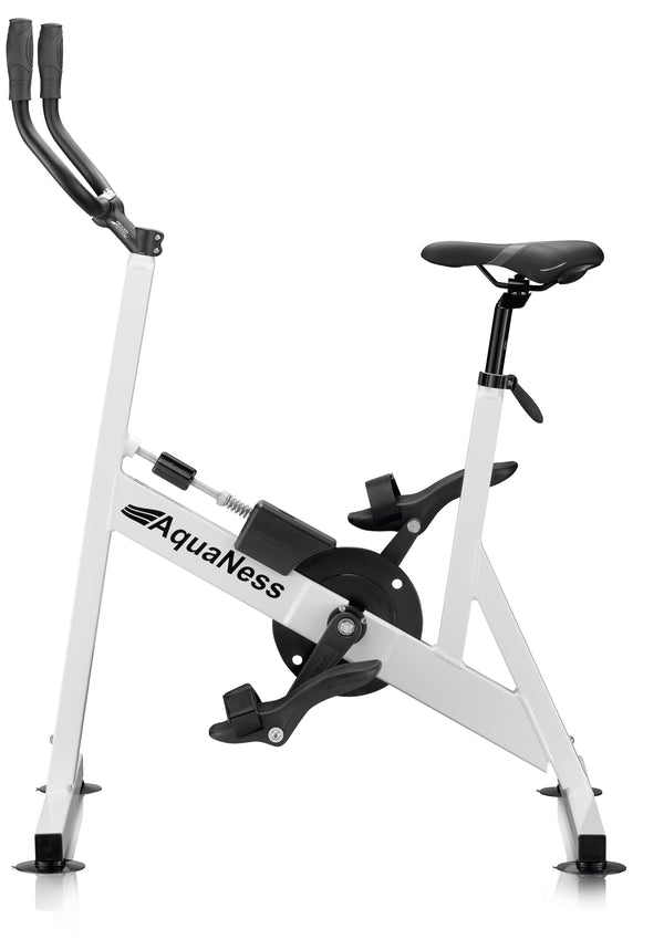 AquaNess V2 The Active aquatic exercise bike featuring a corrosion-resistant frame, adjustable saddle, ergonomic handlebars, and secure foot pedals with straps. The water cycling bike is shown in a studio setting and is designed for aquatic fitness, pool workouts, rehabilitation, and low-impact cardiovascular training.