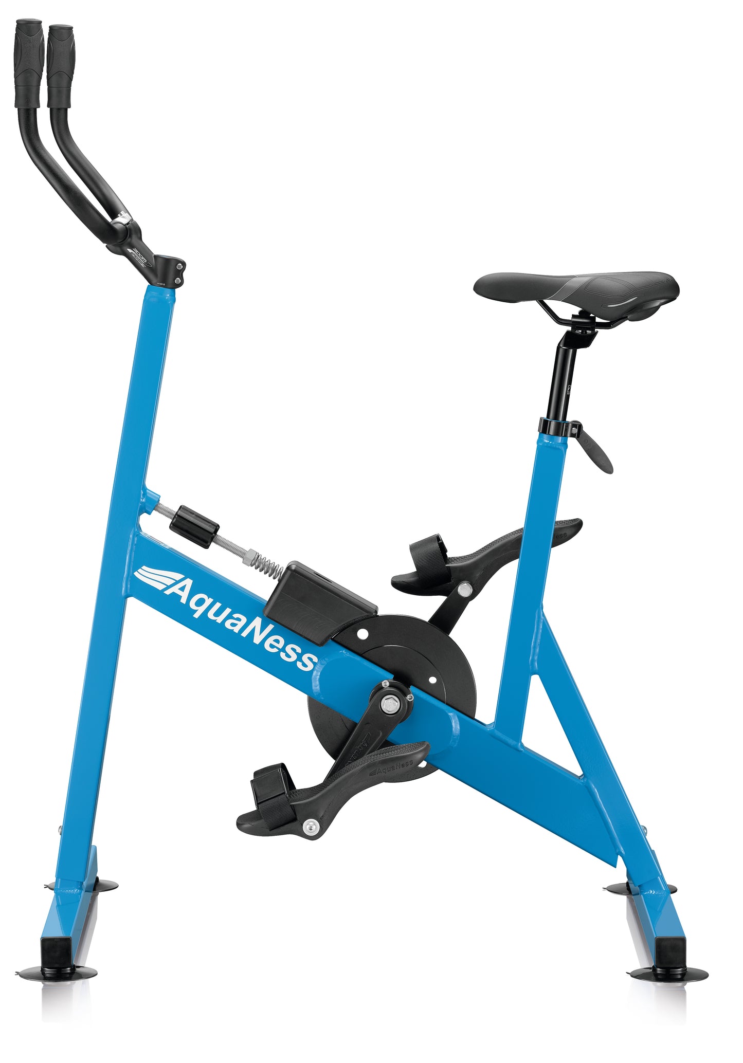 AquaNess V2 The Active aquatic exercise bike featuring a corrosion-resistant frame, adjustable saddle, ergonomic handlebars, and secure foot pedals with straps. The water cycling bike is shown in a studio setting and is designed for aquatic fitness, pool workouts, rehabilitation, and low-impact cardiovascular training.