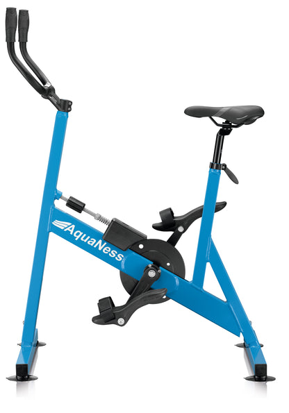 AquaNess V2 The Active aquatic exercise bike featuring a corrosion-resistant frame, adjustable saddle, ergonomic handlebars, and secure foot pedals with straps. The water cycling bike is shown in a studio setting and is designed for aquatic fitness, pool workouts, rehabilitation, and low-impact cardiovascular training.