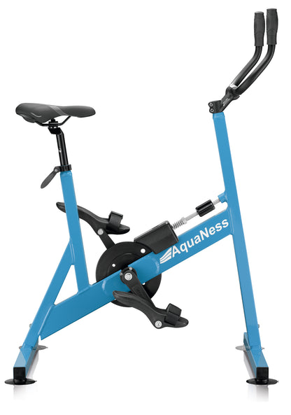 AquaNess V2 The Active aquatic exercise bike featuring a corrosion-resistant frame, adjustable saddle, ergonomic handlebars, and secure foot pedals with straps. The water cycling bike is shown in a studio setting and is designed for aquatic fitness, pool workouts, rehabilitation, and low-impact cardiovascular training.