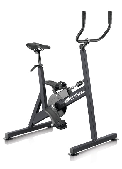AquaNess V2 The Active aquatic exercise bike featuring a corrosion-resistant frame, adjustable saddle, ergonomic handlebars, and secure foot pedals with straps. The water cycling bike is shown in a studio setting and is designed for aquatic fitness, pool workouts, rehabilitation, and low-impact cardiovascular training.