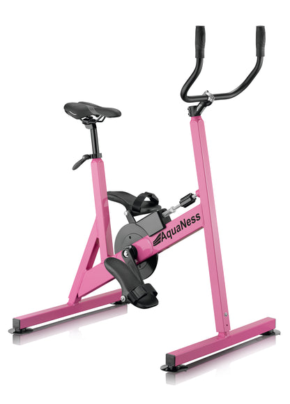 AquaNess V2 The Active aquatic exercise bike featuring a corrosion-resistant frame, adjustable saddle, ergonomic handlebars, and secure foot pedals with straps. The water cycling bike is shown in a studio setting and is designed for aquatic fitness, pool workouts, rehabilitation, and low-impact cardiovascular training.