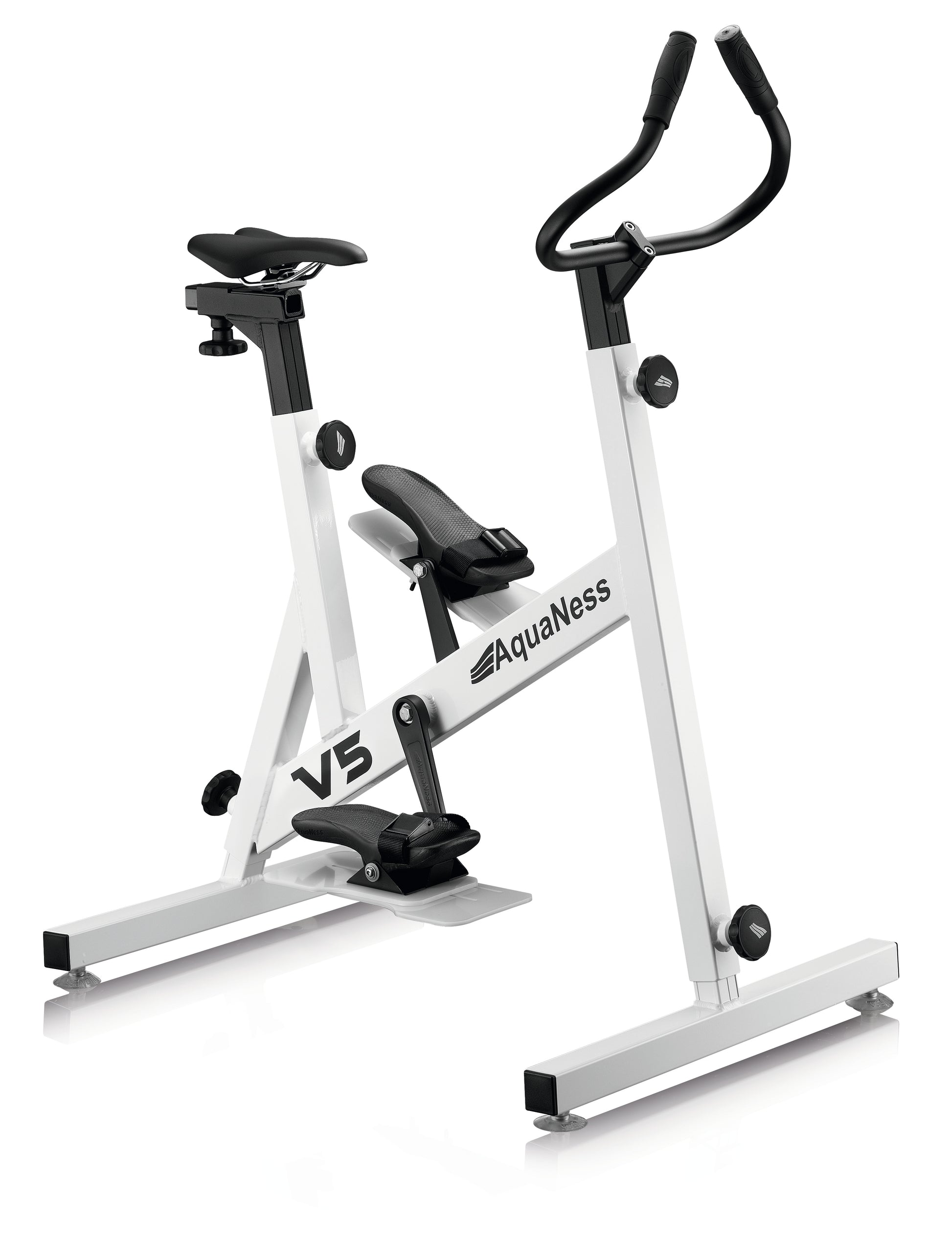 AquaNess V5 aquatic exercise bike featuring a white corrosion-resistant frame with black adjustable saddle, ergonomic handlebars, and foot straps. The water fitness bike is shown in a three-quarter view on a light gray background, designed for use in swimming pools and aquatic rehabilitation workouts.