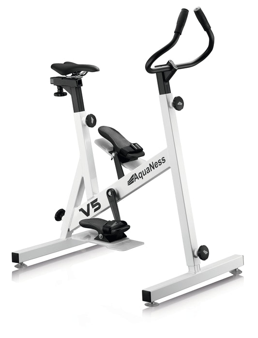 AquaNess V5 aquatic exercise bike featuring a white corrosion-resistant frame with black adjustable saddle, ergonomic handlebars, and foot straps. The water fitness bike is shown in a three-quarter view on a light gray background, designed for use in swimming pools and aquatic rehabilitation workouts.