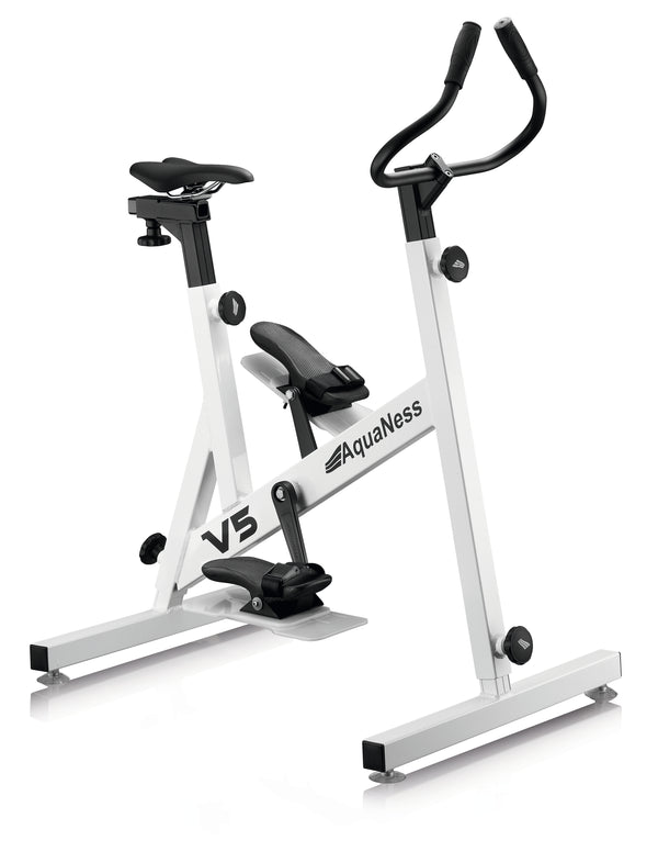 AquaNess V5 aquatic exercise bike featuring a white corrosion-resistant frame with black adjustable saddle, ergonomic handlebars, and foot straps. The water fitness bike is shown in a three-quarter view on a light gray background, designed for use in swimming pools and aquatic rehabilitation workouts.